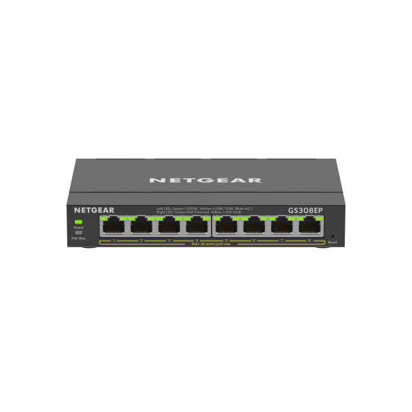 NETGEAR 8-Port Gigabit Ethernet PoE+ Plus Switch (GS308EP) Gestito L2/L3 Gigabit Ethernet (10/100/1000) Supporto Power over Ethernet (PoE) Nero [GS308EP-100PES]