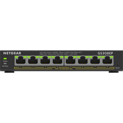 NETGEAR 8-Port Gigabit Ethernet PoE+ Plus Switch (GS308EP) Gestito L2/L3 Gigabit Ethernet (10/100/1000) Supporto Power over Ethernet (PoE) Nero [GS308EP-100PES]