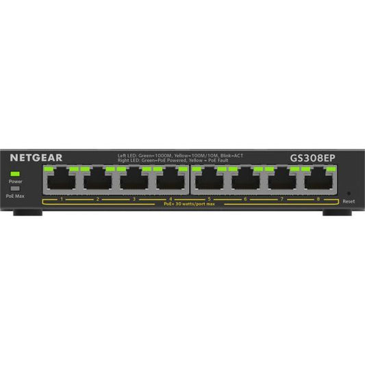 Conmutador NETGEAR Gigabit Ethernet PoE+ Plus de 8 puertos (GS308EP) Gigabit Ethernet administrado L2/L3 (10/100/1000) Compatible con alimentación a través de Ethernet (PoE) Negro [GS308EP-100PES] 