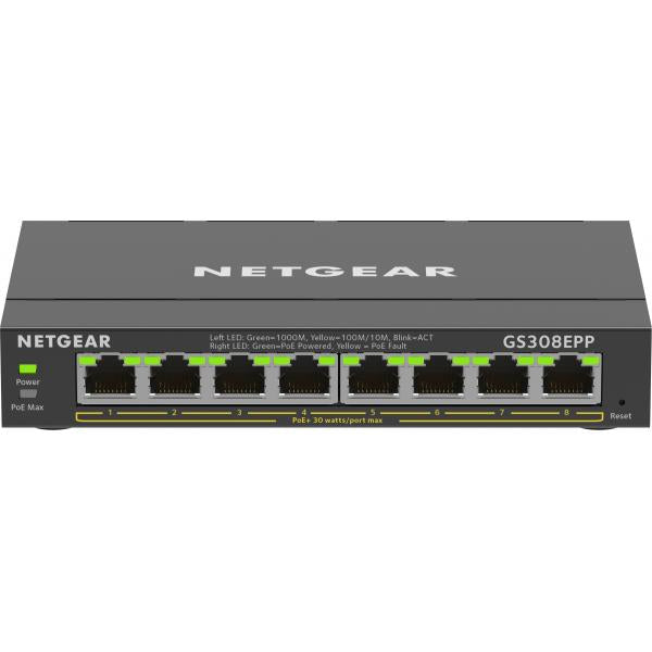 Conmutador NETGEAR Gigabit Ethernet PoE+ Plus de alta potencia de 8 puertos (GS308EPP) Gigabit Ethernet administrado L2/L3 (10/100/1000) Compatible con alimentación a través de Ethernet (PoE) Negro [GS308EPP-100PES] 