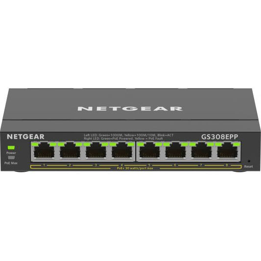 Conmutador NETGEAR Gigabit Ethernet PoE+ Plus de alta potencia de 8 puertos (GS308EPP) Gigabit Ethernet administrado L2/L3 (10/100/1000) Compatible con alimentación a través de Ethernet (PoE) Negro [GS308EPP-100PES] 