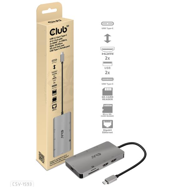 CLUB3D USB 3.2 GEN1 TYPE-C 8-IN-1 HUB WITH 2X HDMI, 2X USB-A, RJ45, SD/MICRO SD CARD SLOTS AND USB [CSV-1593]