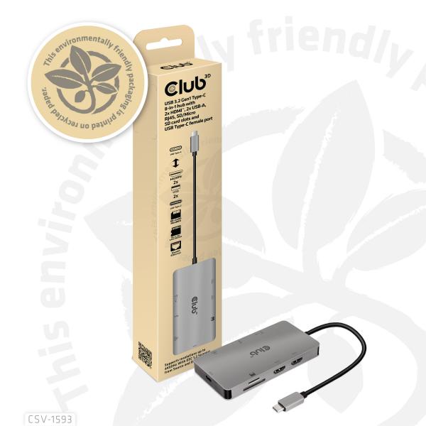 CLUB3D USB 3.2 GEN1 TYPE-C 8-IN-1 HUB WITH 2X HDMI, 2X USB-A, RJ45, SD/MICRO SD CARD SLOTS AND USB [CSV-1593]