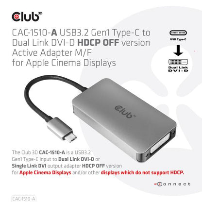 CLUB3D USB TYPE C TO DVI I DUAL LINK SUPPORTS 4K30HZ RESOLUTIONS - HDCP OFF [CAC-1510-A] 