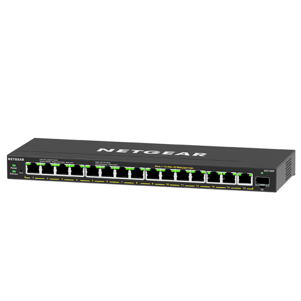 NETGEAR GS316EP-100PES switch de red Gestionado Gigabit Ethernet (10/100/1000) Soporte Alimentación a través de Ethernet (PoE) Negro [GS316EP-100PES] 