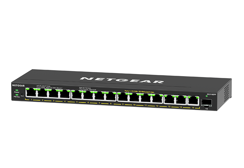 NETGEAR Conmutador Gigabit Ethernet Plus PoE+ de alta potencia de 16 puertos (231 W) con 1 puerto SFP (GS316EPP) Gigabit Ethernet administrado (10/100/1000) Compatible con alimentación a través de Ethernet (PoE) Negro [GS316EPP-100PES] 