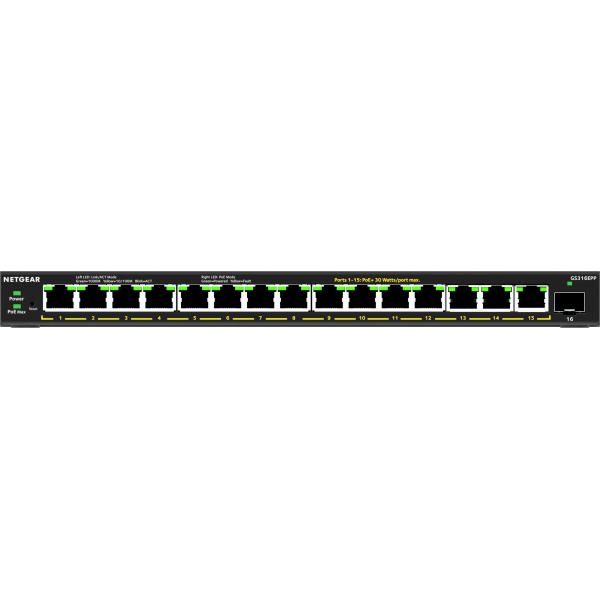 NETGEAR 16-Port High-Power PoE+ Gigabit Ethernet Plus Switch (231W) with 1 SFP port (GS316EPP) Gestito Gigabit Ethernet (10/100/1000) Supporto Power over Ethernet (PoE) Nero [GS316EPP-100PES]