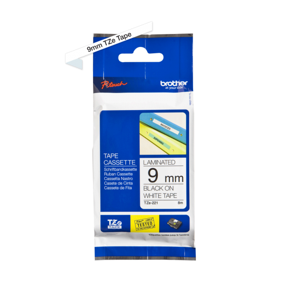 BROTHER 9MM LAMINATED TAPE (8M) BLACK/WHITE [TZE221]