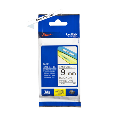 BROTHER 9MM LAMINATED TAPE (8M) BLACK/WHITE [TZE221]