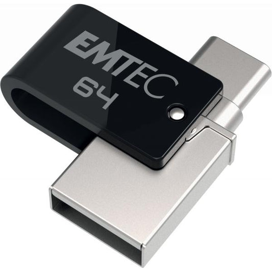 Emtec T260C unità flash USB 64 GB USB Type-A / USB Type-C 3.2 Gen 1 (3.1 Gen 1) Nero, Acciaio inossidabile [ECMMD64GT263C]