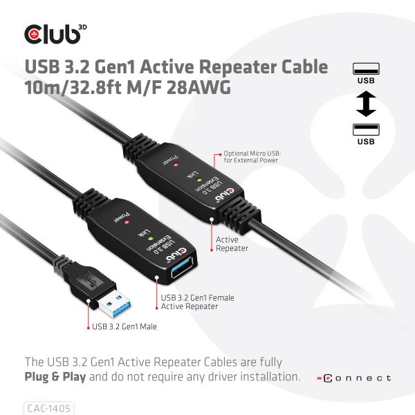 CLUB3D USB CABLE TYPE A GEN 1 ACTIVE REPEATER 10METER / 30FT SUPPORTS UP TO 5GBPS [CAC-1405] 