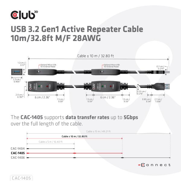 CLUB3D CAVO USB TYPE A GEN 1 ACTIVE REPEATER 10METER / 30FT SUPPORTS UP TO 5GBPS [CAC-1405]