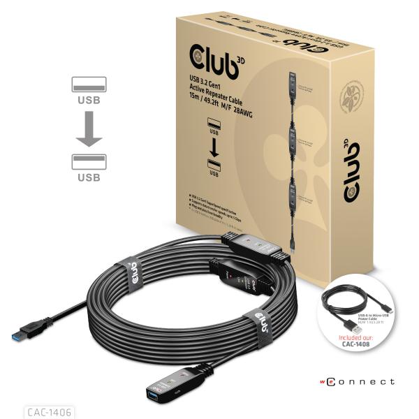 CLUB3D CAVO USB TYPE A GEN 1 ACTIVE REPEATER 15METER / 49.24FT SUPPORTS UP TO 5GBPS [CAC-1406]