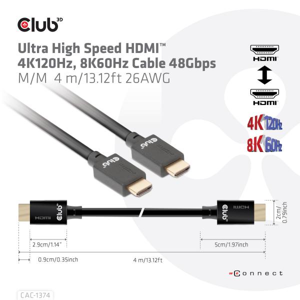 CLUB 3D CAVO ULTRA HIGHT SPEED HDMI 4K120Hz, 8K60Hz 48Gbps M/M 4 MT 13.12ft 26AWG [CAC-1374]