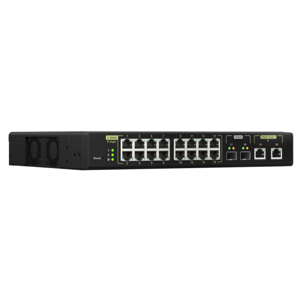 - QNAP SWITCH - QSW-M2116P-2T2S, 16 ports 2.5GbE RJ45 with PoE 802.3at(30W), 2 ports 10GbE SFP+, 2 ports 10GbE RJ45 with PoE 802.3bt(90W), Max PoE power consumption goes to 280W, web managed [QSW-M2116P-2T2S]