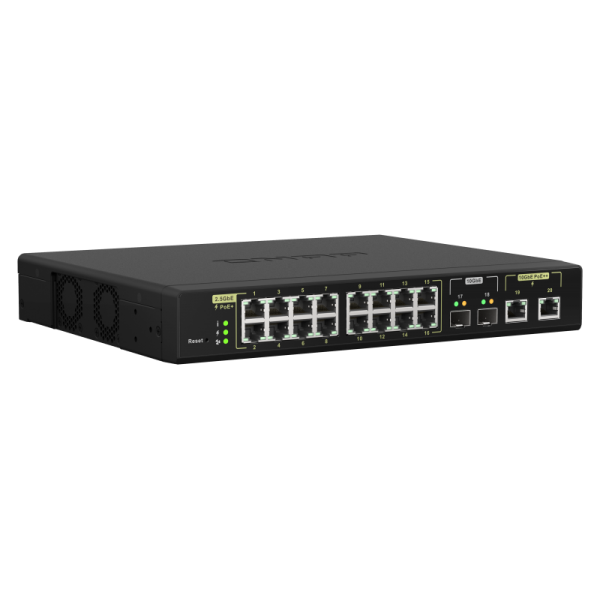 - QNAP SWITCH - QSW-M2116P-2T2S, 16 ports 2.5GbE RJ45 with PoE 802.3at(30W), 2 ports 10GbE SFP+, 2 ports 10GbE RJ45 with PoE 802.3bt(90W), Max PoE power consumption goes to 280W, web managed [QSW-M2116P-2T2S]