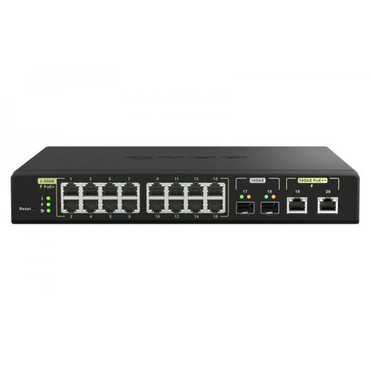 - QNAP SWITCH - QSW-M2116P-2T2S, 16 ports 2.5GbE RJ45 with PoE 802.3at(30W), 2 ports 10GbE SFP+, 2 ports 10GbE RJ45 with PoE 802.3bt(90W), Max PoE power consumption goes to 280W, web managed [QSW-M2116P-2T2S]