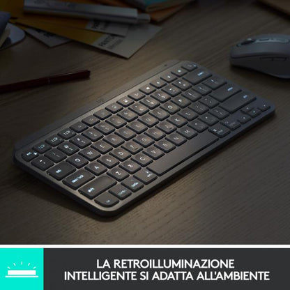 Logitech MX Keys Mini Tastiera Illuminata Wireless, Minimal, Compatta, Bluetooth, Retroilluminata, USB-C, Compatibile con Apple macOS, iOS, Windows, Linux, Android, in Metallo [920-010488]