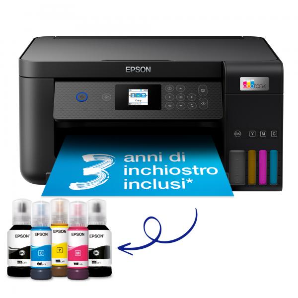 Epson EcoTank ET-2850 Impresora multifunción de inyección de tinta A4 3 en 1, tanques recargables de alta capacidad, 5 botellas incluidas equivalente a 14000 páginas B/N 5200 páginas color, Wi-FI Direct, USB [C11CJ63405]