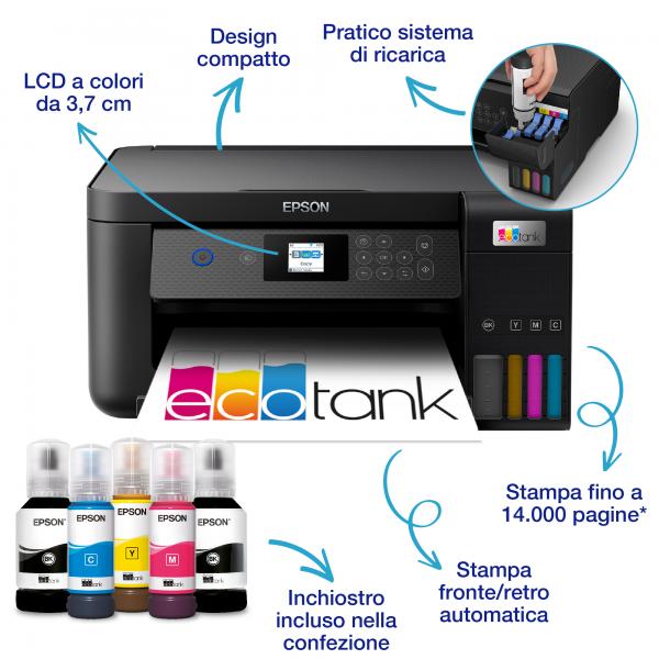 Epson EcoTank ET-2850 Impresora multifunción de inyección de tinta A4 3 en 1, tanques recargables de alta capacidad, 5 botellas incluidas equivalente a 14000 páginas B/N 5200 páginas color, Wi-FI Direct, USB [C11CJ63405]