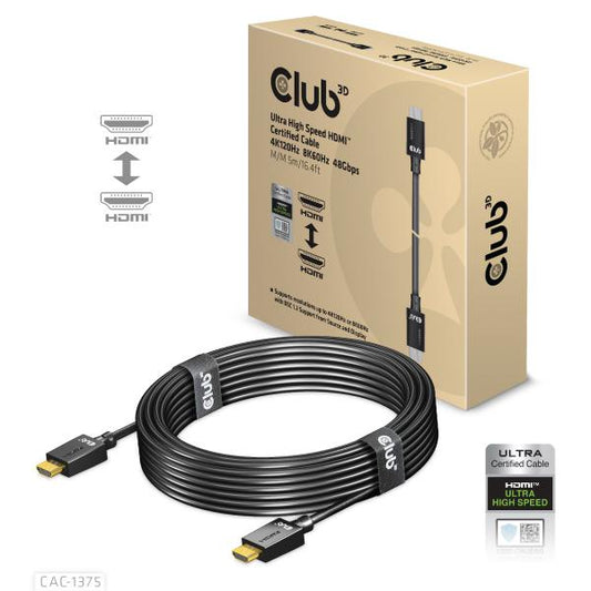 CLUB3D HDMI 2.1 MALE TO HDMI 2.1 MALE ULTRA HIGH SPEED 4K 120HZ 8K60HZ 5M/ 16.4FT [CAC-1375]