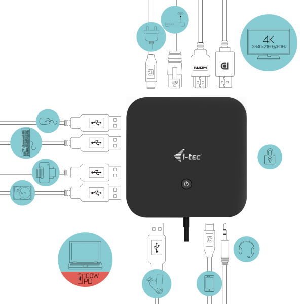 i-tec USB-C HDMI DP Docking Station with Power Delivery 100 W + Universal Charger 100 W [C31HDMIDPDOCKPD100]