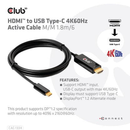 CLUB3D CAVO HDMI 2.0 TO USB C 4K 60HZ 1,8M/6FT M/M [CAC-1334]