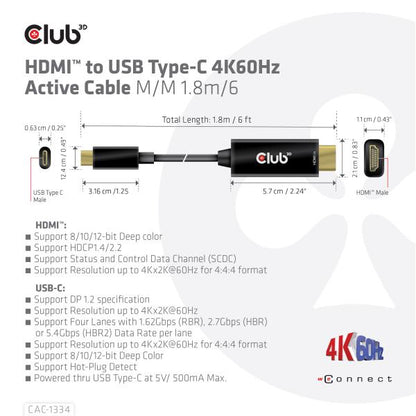 CLUB3D CAVO HDMI 2.0 TO USB C 4K 60HZ 1,8M/6FT M/M [CAC-1334]