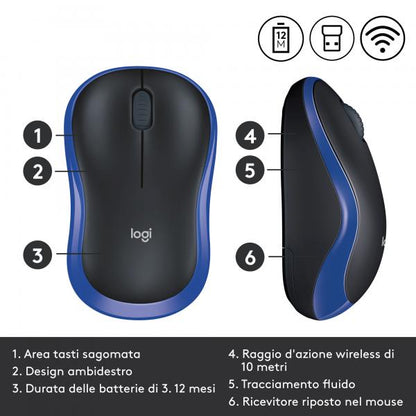 LOGITECH WIRELESS MOUSE M185 OTTICO, USB, COLORE BLU [910-002236]