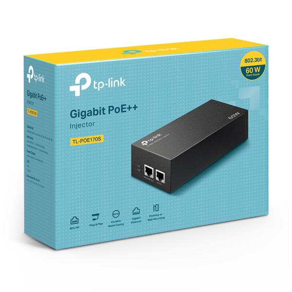 TP-Link - POE170S - PoE++ Injector Adapter, 1x Gigabit PoE Port, 1x Gigabit Non-PoE Port, 802.3bt/at/af Compliant, 60 W PoE Power, Data and Power Carried over The Same Cable Up to 100 Meters [POE170S]