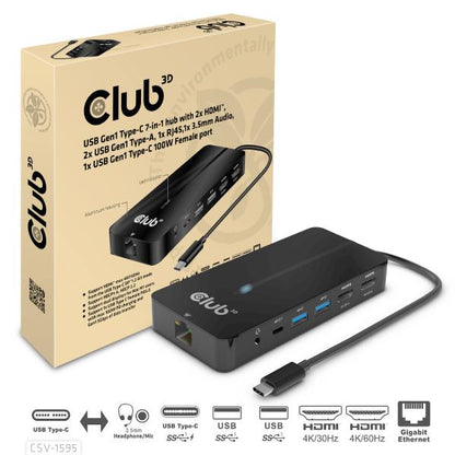 CLUB 3D HUB USB GEN1 TYPE-C 7-in-1 2x HDMI, 2x USB GEN1 TYPE-A, 1x RJ45, 1x 3.5mm Audio, 1x USB GEN [CSV-1595]