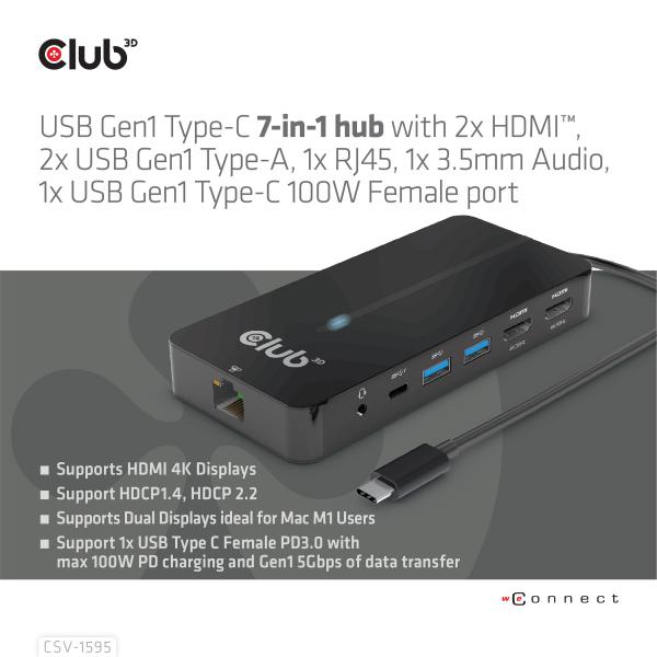 CLUB 3D HUB USB GEN1 TYPE-C 7-in-1 2x HDMI, 2x USB GEN1 TYPE-A, 1x RJ45, 1x 3.5mm Audio, 1x USB GEN [CSV-1595]