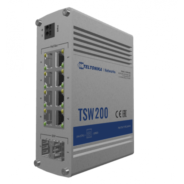 Teltonika - TSW200 Switch no administrado PoE+ de 8 puertos con 2 puertos SFP, presupuesto de energía de 240 W (sin carril Din) TSW200 [TSW200] 