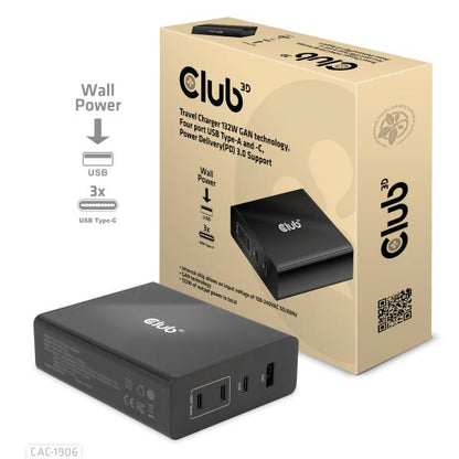 CLUB3D TRAVEL CHARGER 132W GAN TECHNOLOGY, FOUR PORT USB TYPE-A AND -C, POWER DELIVERY(PD) 3.0 SUPPO [CAC-1906]