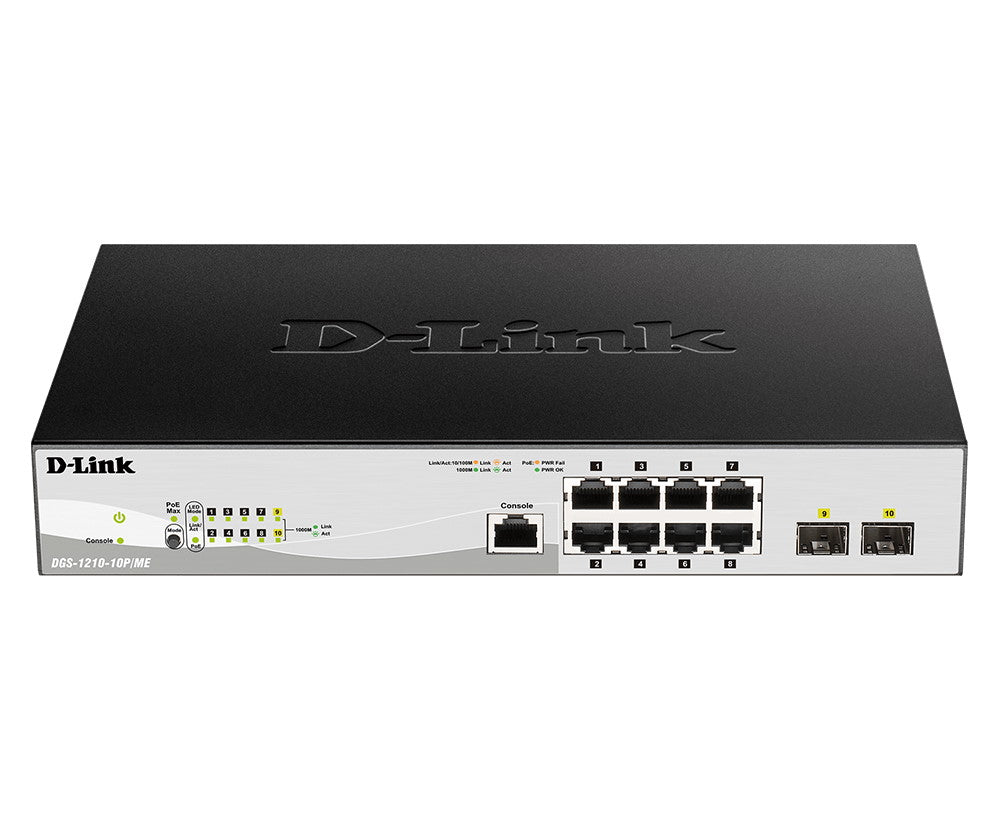 D-LINK SWITCH 8-PORT 10/100/1000BASE-T POE + 2-PORT 1 GBPS SFP PORTS METRO ETHERNET SWITCH [DGS-1210-10P/ME]