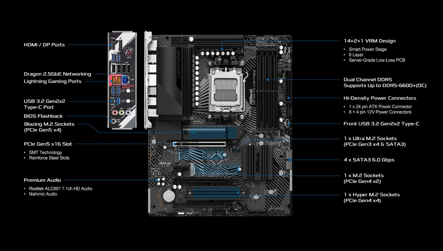 ASROCK MB AMD X670, X670E PG LIGHTNING AM5, 4DDR5, 4SATA, 1PCI-E 5.0, 1PCI-E 4.0 ATX [X670E PG LIGHTNING]