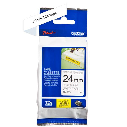 CINTA LAMINADA ADHESIVA FUERTE BROTHER 24MM (8M) NEGRO SOBRE BLANCO [TZES251]