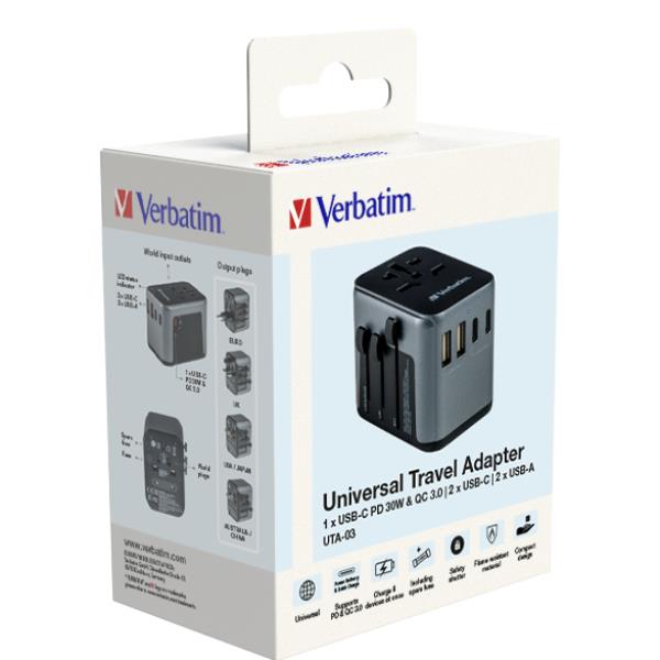 VERBATIM UNIVERSAL TRAVEL ADAPTER UTA-03 PD30W QC 2XUSB 2XTYPE-C [49545]