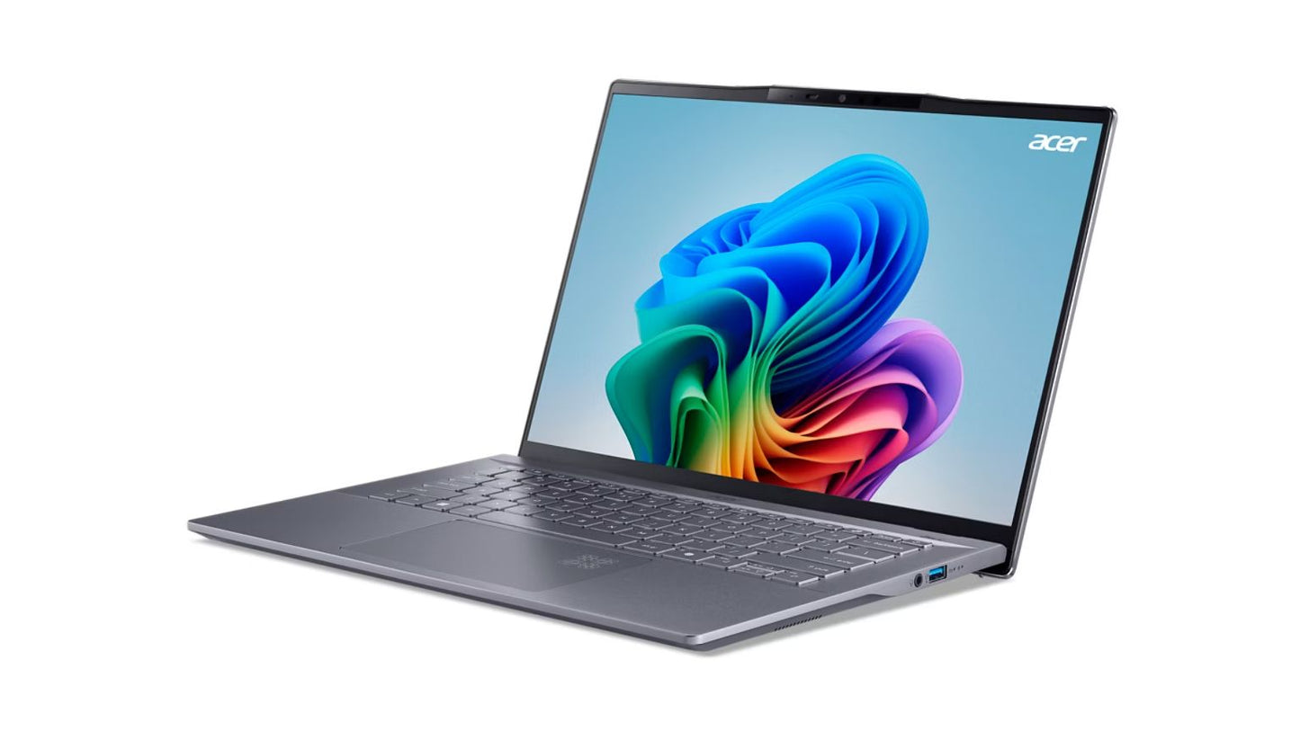 Acer Swift 14 AI SF14-11-X9TF Qualcomm Snapdragon Portátil 36,8 cm (14.5") WQXGA 16 GB LPDDR5x-SDRAM 1 TB SSD Wi-Fi 7 (802.11be) Plata [NX.KZXET.002]