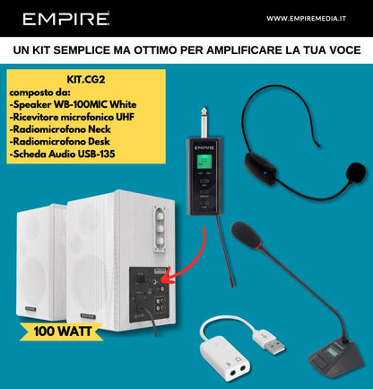 KIT ALTAVOCES 100W 2 MICRÓFONOS RADIO + TARJETA DE SONIDO USB [KIT.CG2]