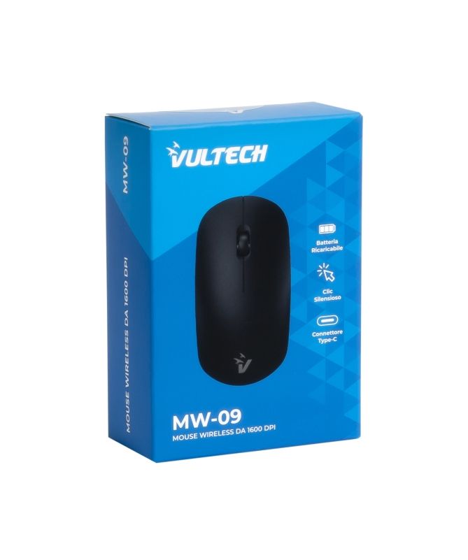 VULTECH MOUSE WIRELESS 1600DPI, NERO, SILENZIOSO,BATTERIEA INTEGRATA RICARICABILE,ATTACCO TYPE C [MW-09N]