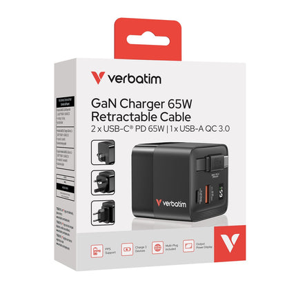 GANCHARGER 65W 2PORT RETRACCABLE DISPUS+EU/UK ADAP [32217]