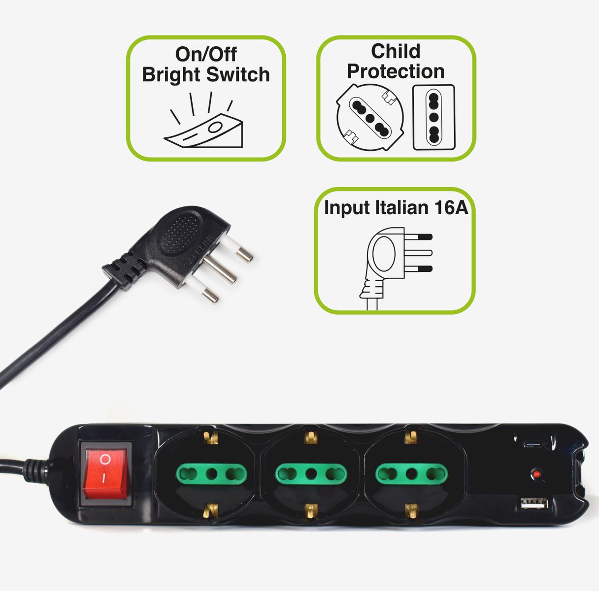 TECNOWARE MULTIPRESA INPUT ITA 16A, 3 USCITE ITA/SCHUKO, 6 ITA 10/16A, USB-A, USB-C [FMP9IIGUSB]