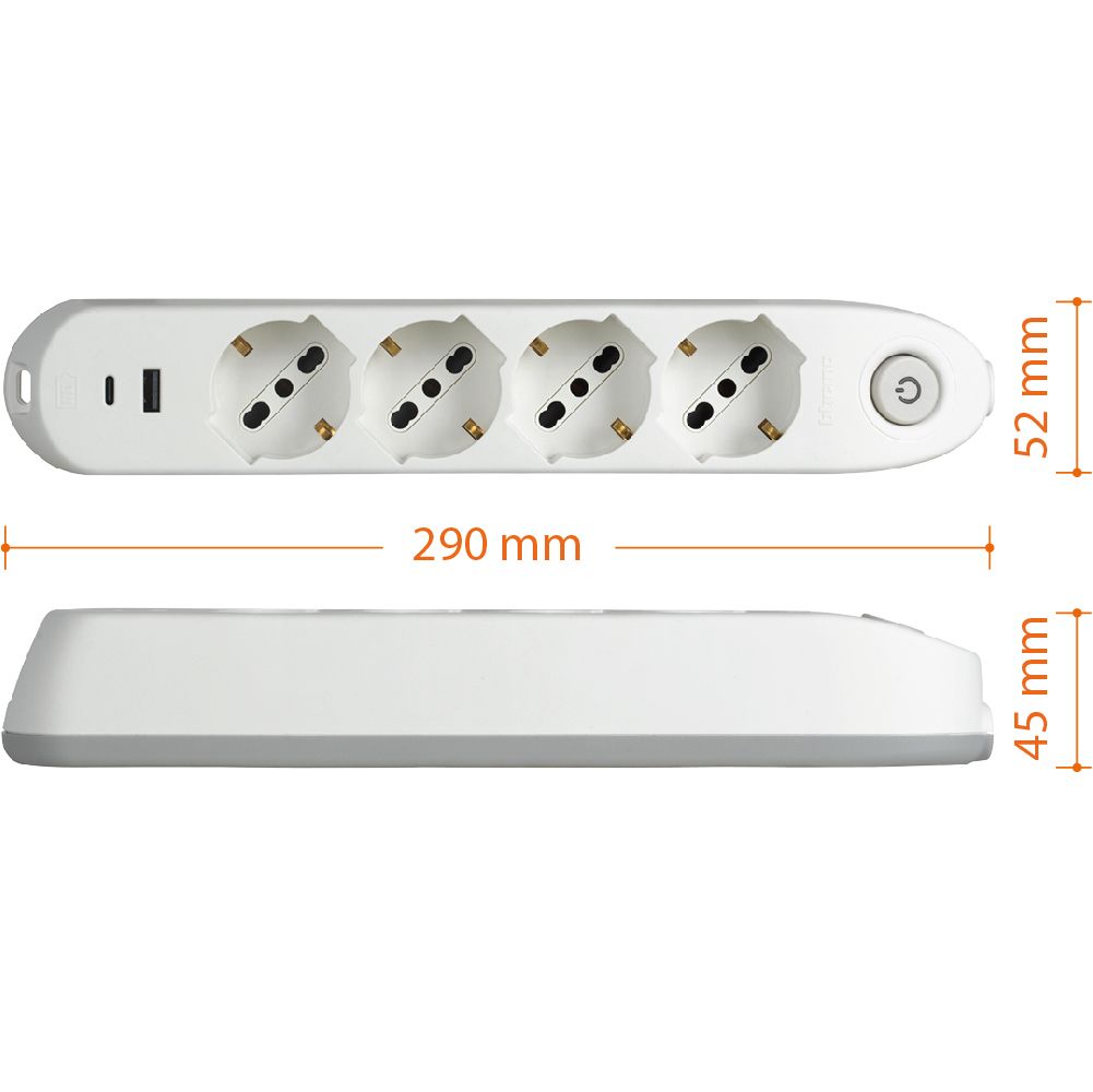 MULTIPRESA 4 SCHUKO/BIPAS+INTER+2USB BIANCO [BT-3684DBU]